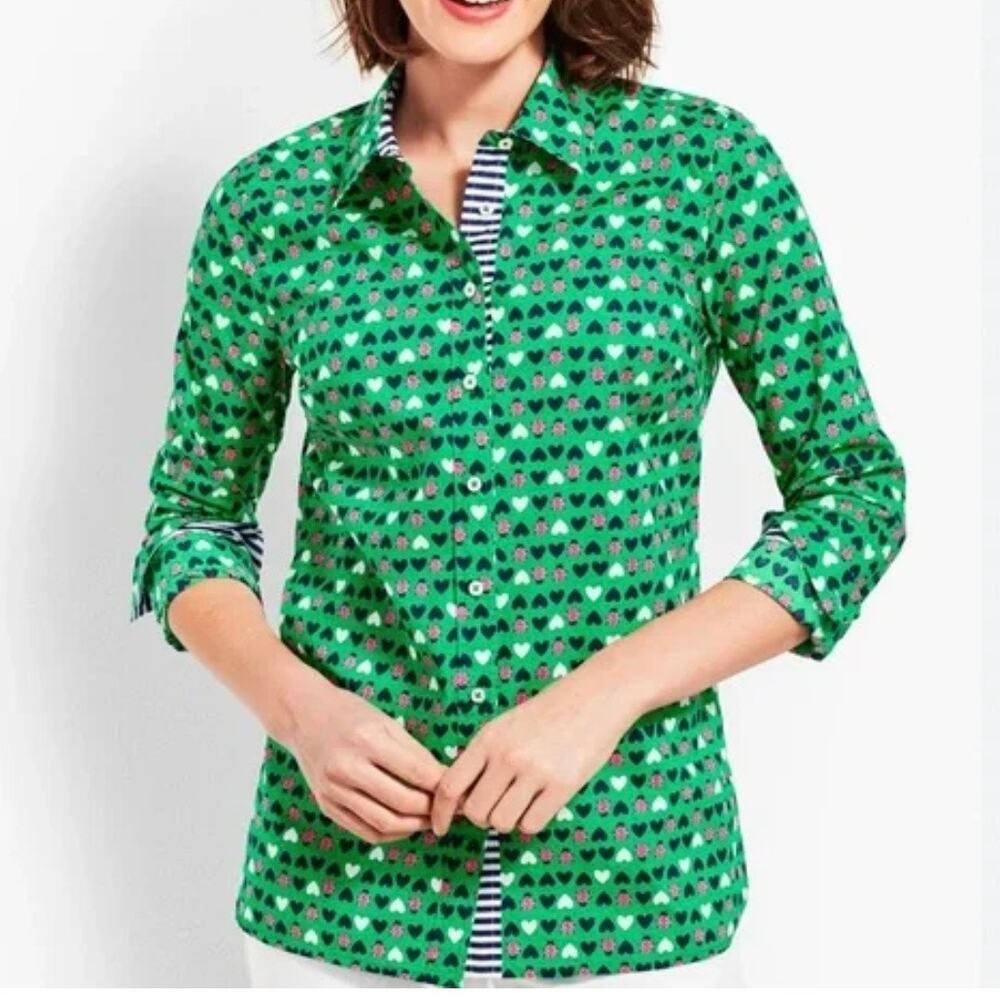 Talbots Top Size P Button Down Green Ladybug Hear… - image 1